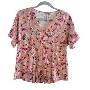 DOLAN Mitzi Floral Ruffle Short Sleeve Mixed Media Satin Blouse Size XS